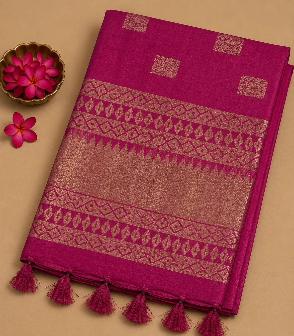 2365 Semi Tussar Saree in Light Magenta with Temple Border
