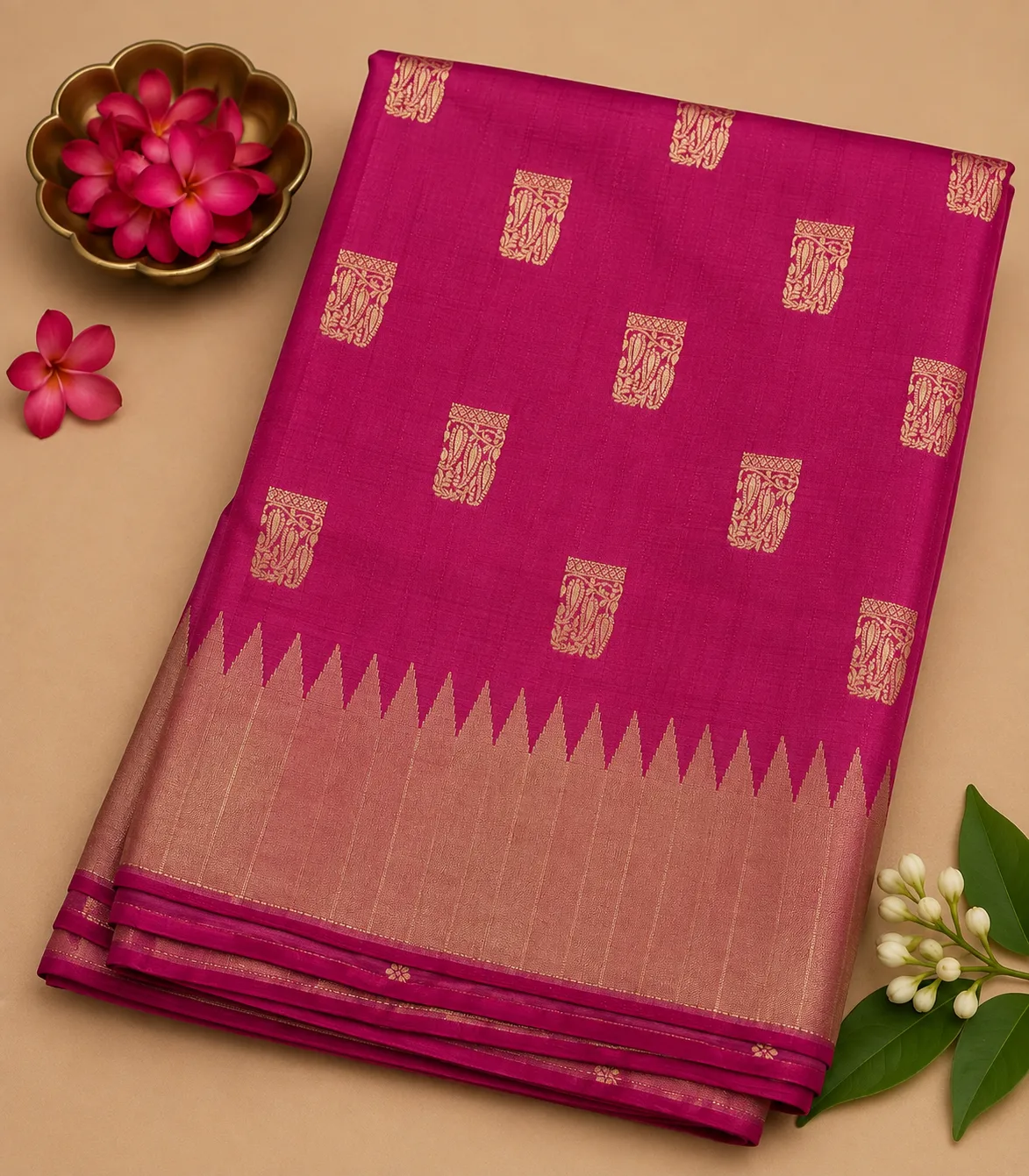 2365 Semi Tussar Saree in Light Magenta with Temple Border