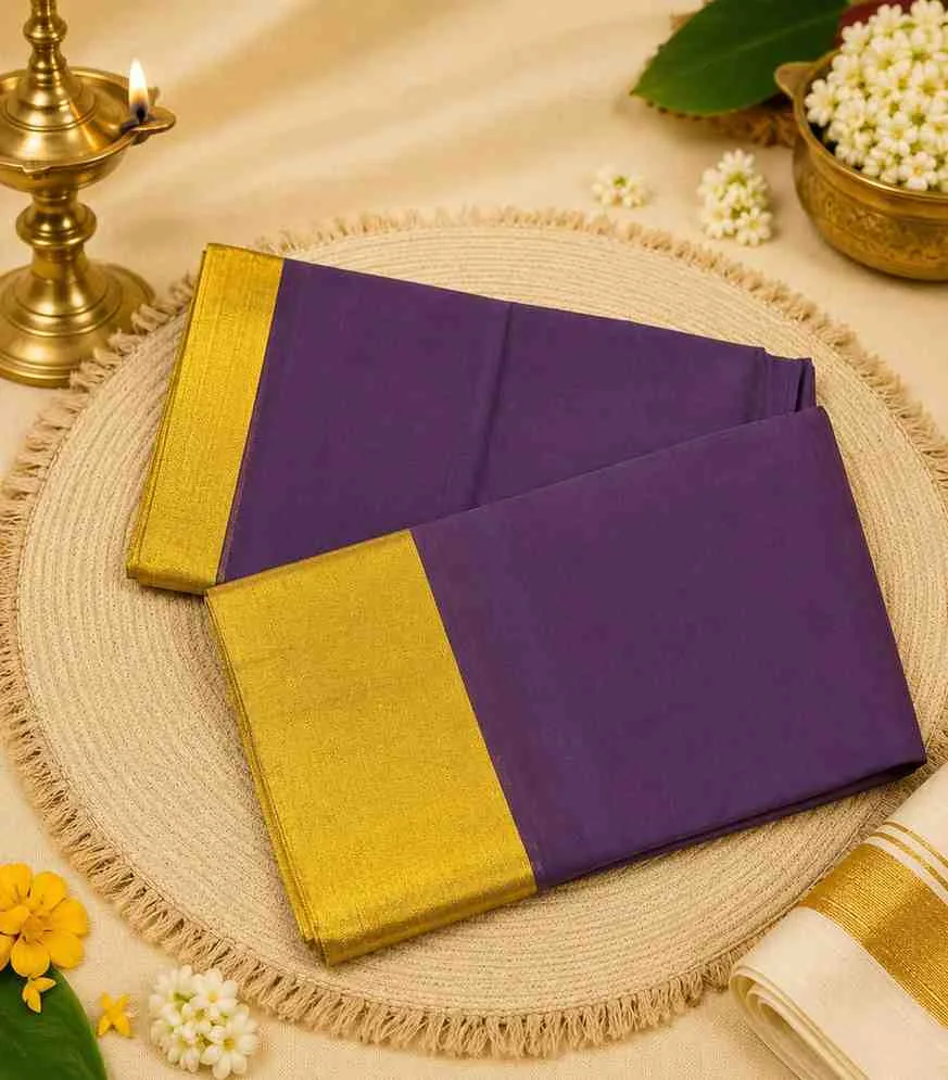 2325 Solid Purple Handloom Saree with Wide Gold Zari Border
