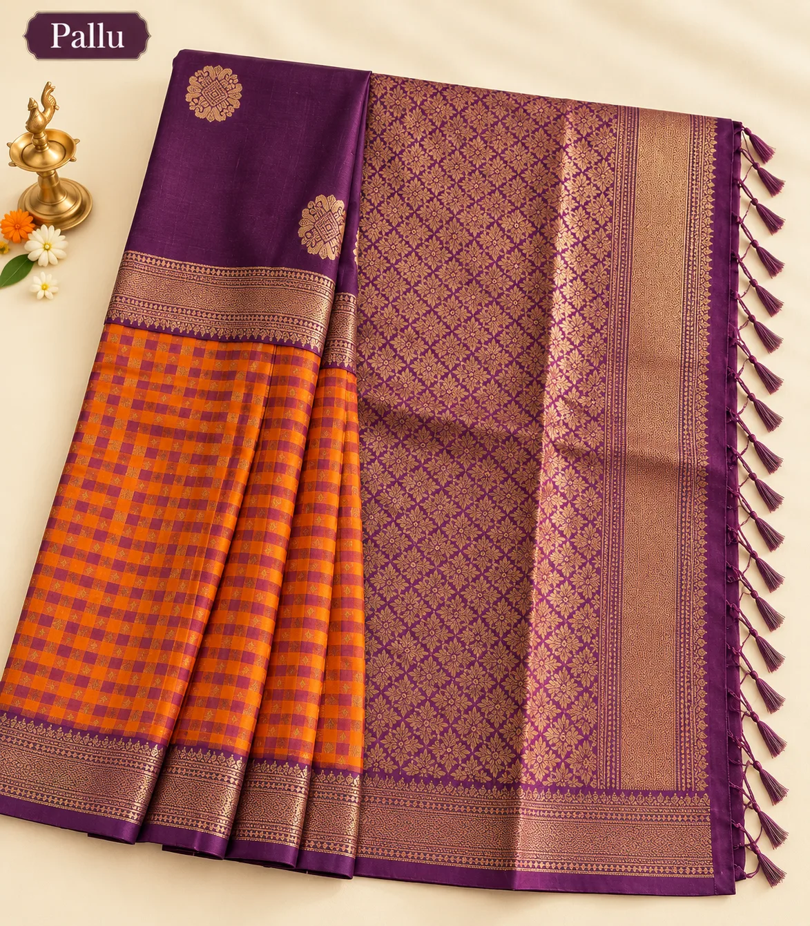 2381 Traditional Purple and Orange Semi Silk 3 part Saree with Checked Body & Brocade Pallu