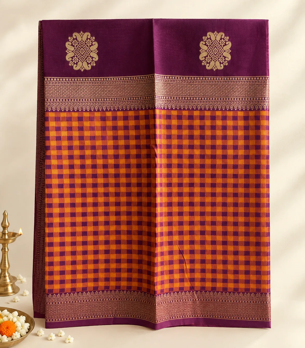 2381 Traditional Purple and Orange Semi Silk 3 part Saree with Checked Body & Brocade Pallu