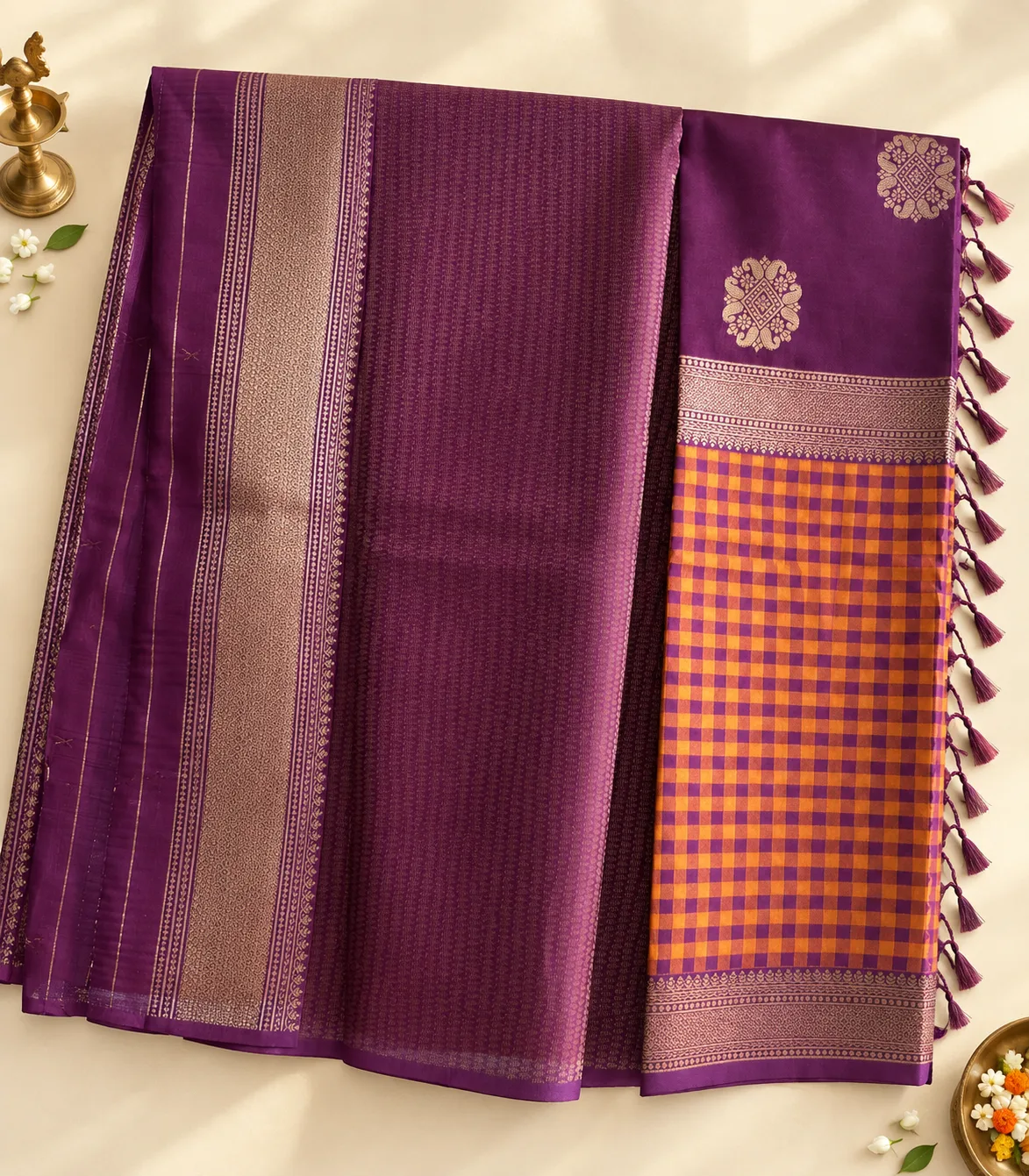 2381 Traditional Purple and Orange Semi Silk 3 part Saree with Checked Body & Brocade Pallu