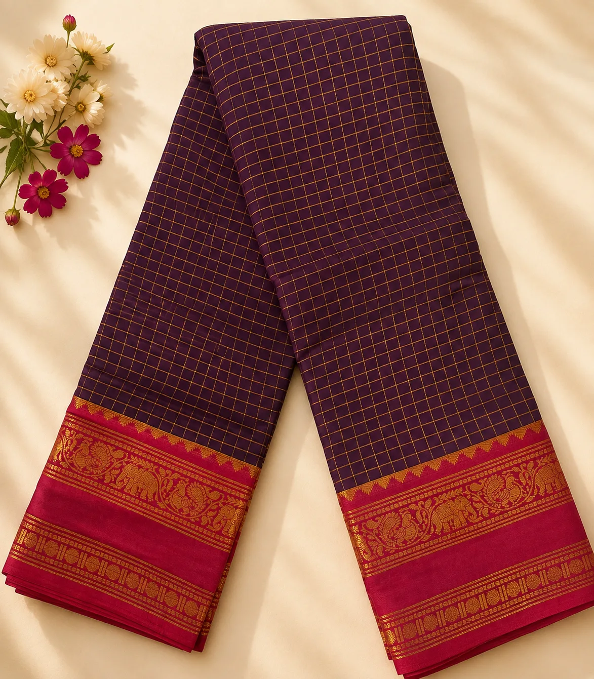2364 Semi Kanchi Cotton Saree in Purple and Magenta Border