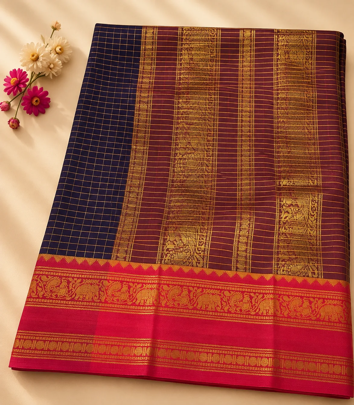 2364 Semi Kanchi Cotton Saree in Purple and Magenta Border