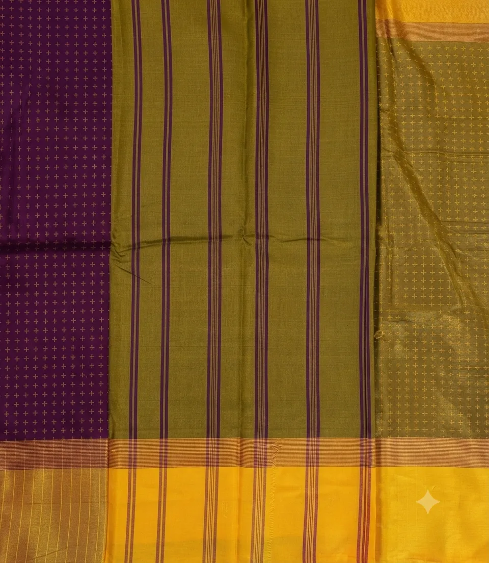 2386 Arani Soft Silk Purple Saree with Gold Butta Motifs and Contrast Mustard Yellow Border