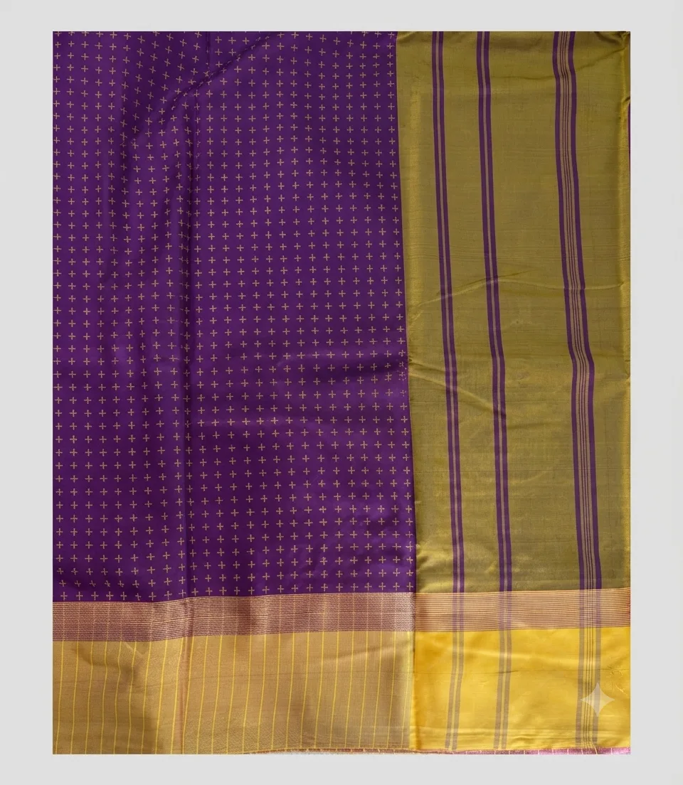 2386 Arani Soft Silk Purple Saree with Gold Butta Motifs and Contrast Mustard Yellow Border