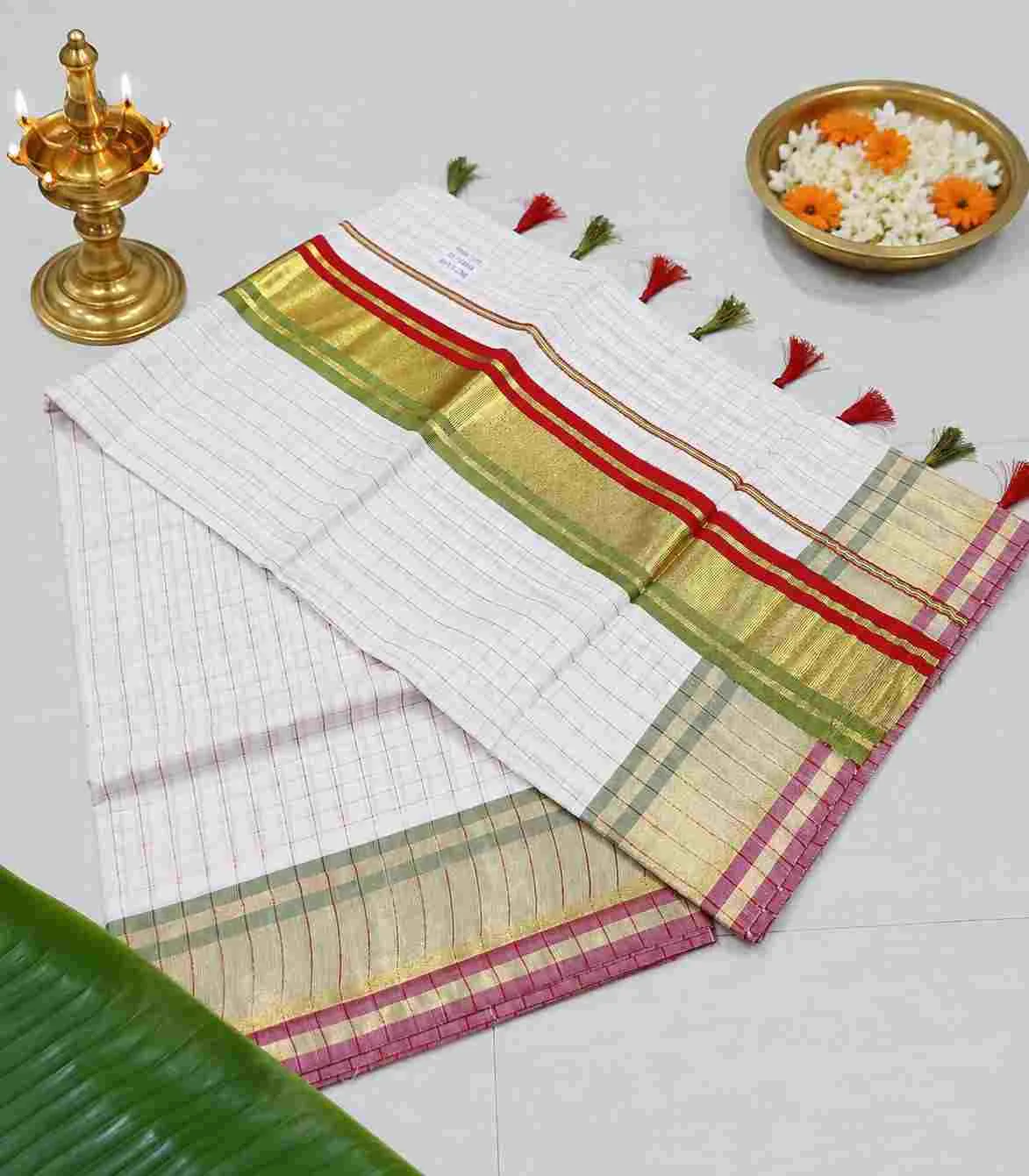 2358 Traditional Kerala Kasavu Cotton Saree with Red and Green Checked Border