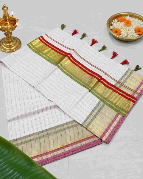 2358 Traditional Kerala Kasavu Cotton Saree with Red and Green Checked Border — shop at GeeStores