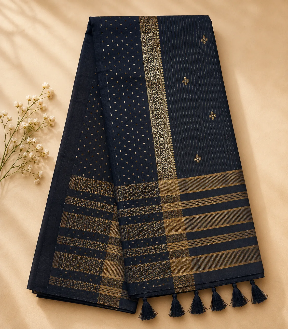 2368 Semi Tussar Saree in Dark Navy Blue with Gold Zari border and Delicate Small Motifs