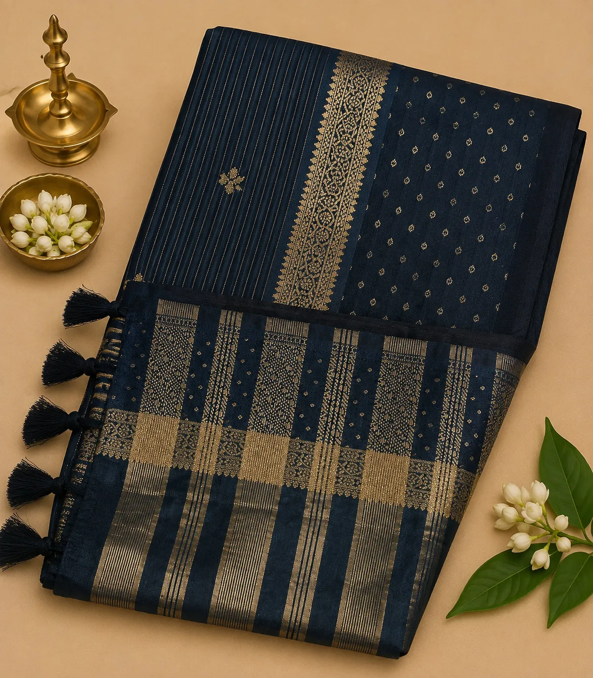 2368 Semi Tussar Saree in Dark Navy Blue with Gold Zari border and Delicate Small Motifs