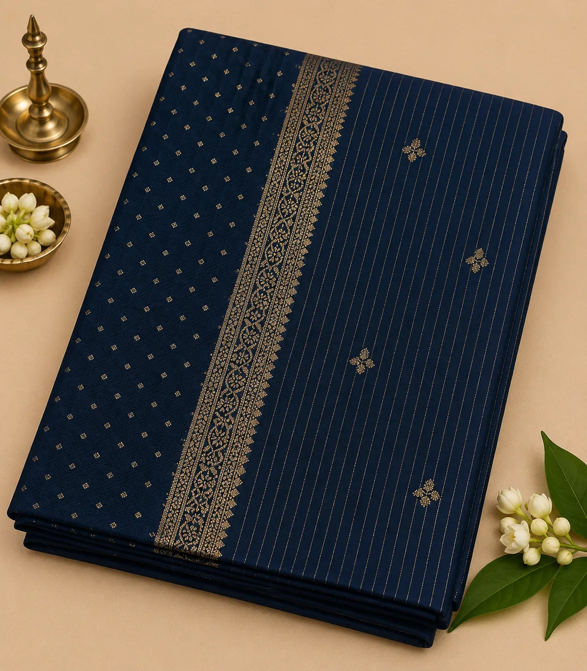 2368 Semi Tussar Saree in Dark Navy Blue with Gold Zari border and Delicate Small Motifs