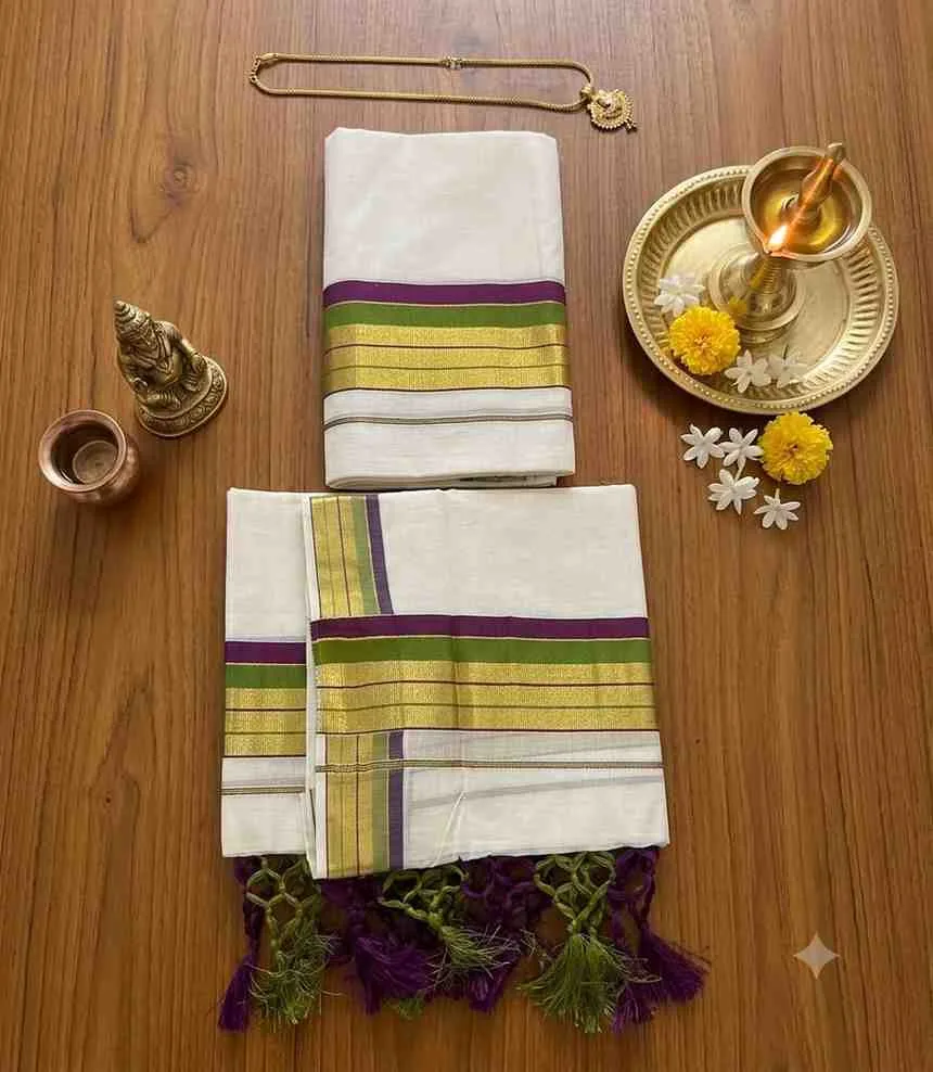 2349 Kerala Cotton Set Mundu with Purple and Green in Rich Kasavu Border