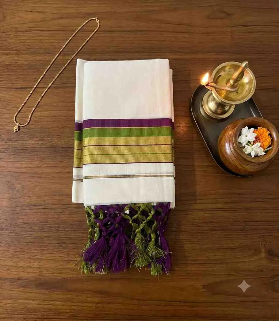 2349 Kerala Cotton Set Mundu with Purple and Green in Rich Kasavu Border
