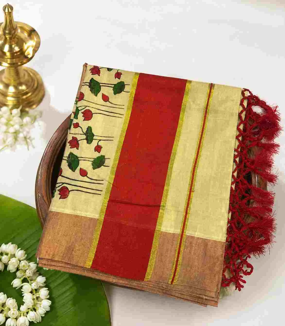 2351 Onam Special Collection Kerala Tissue Red Border and Floral Prints with Tussels