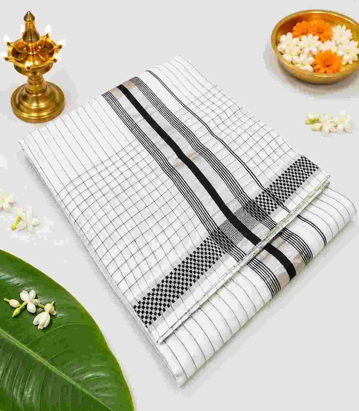 2356 Silver Kasavu Saree with Black Checked Pattern and Zari Border