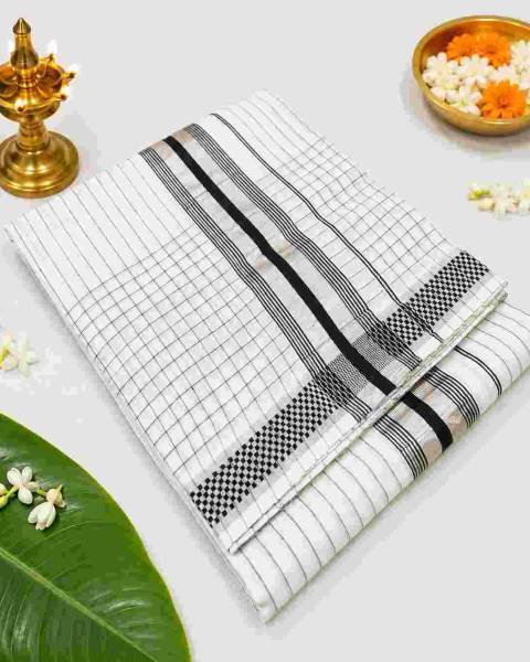 2356 Silver Kasavu Saree with Black Checked Pattern and Zari Border — shop at GeeStores