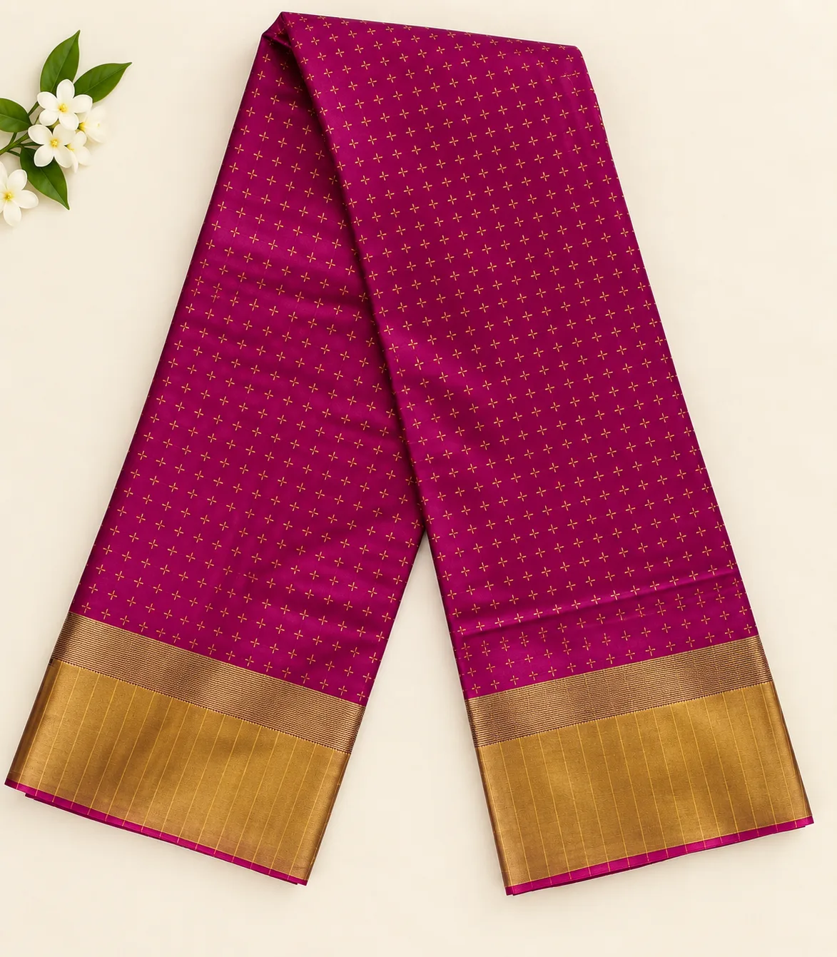 2384 Arani Soft Silk Majenta Saree with Gold Butta Motifs and Contrast Mustard Yellow Border