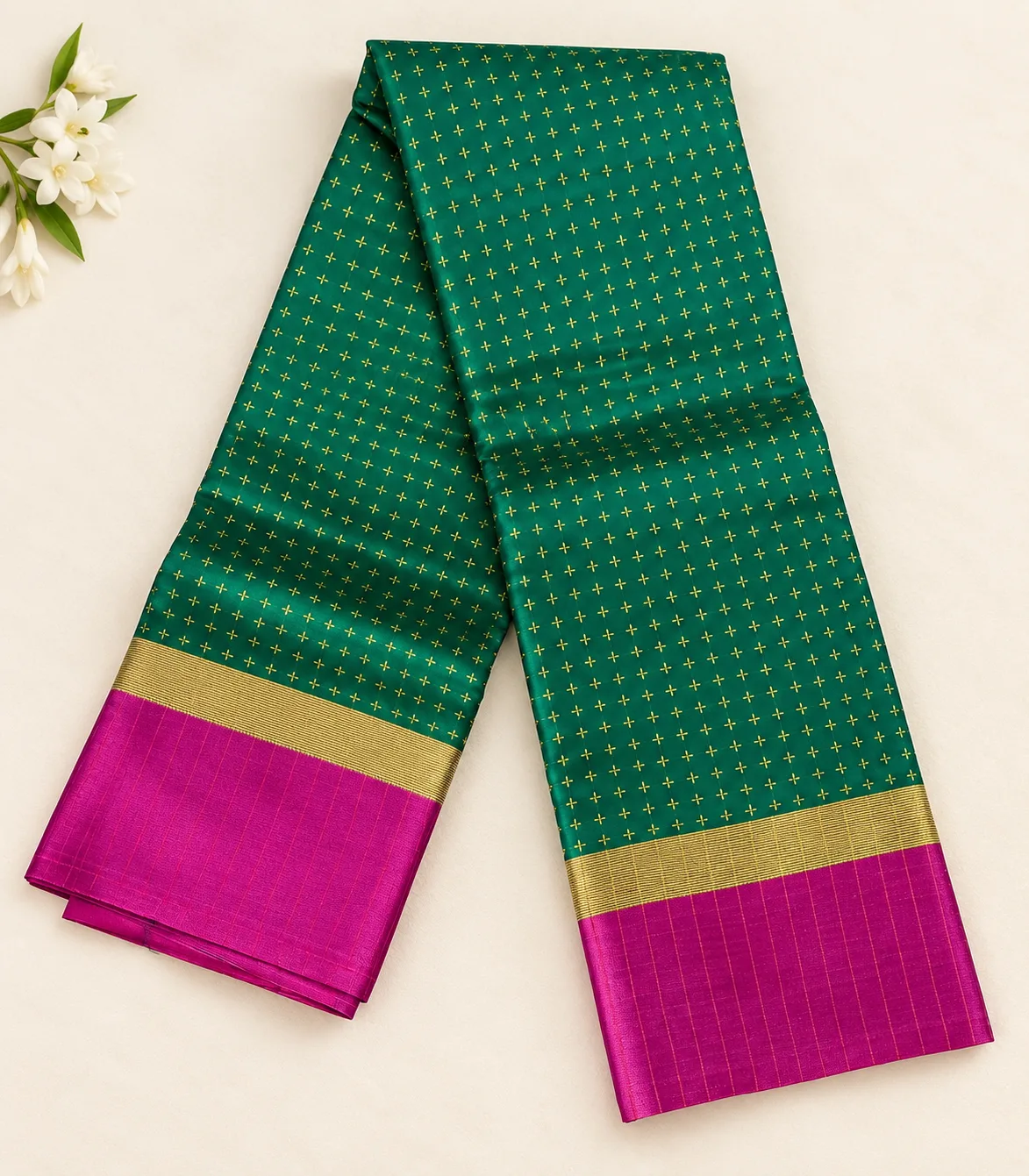 2385 Arani Soft Silk Red Saree with Gold Butta Motifs and Majenta Border