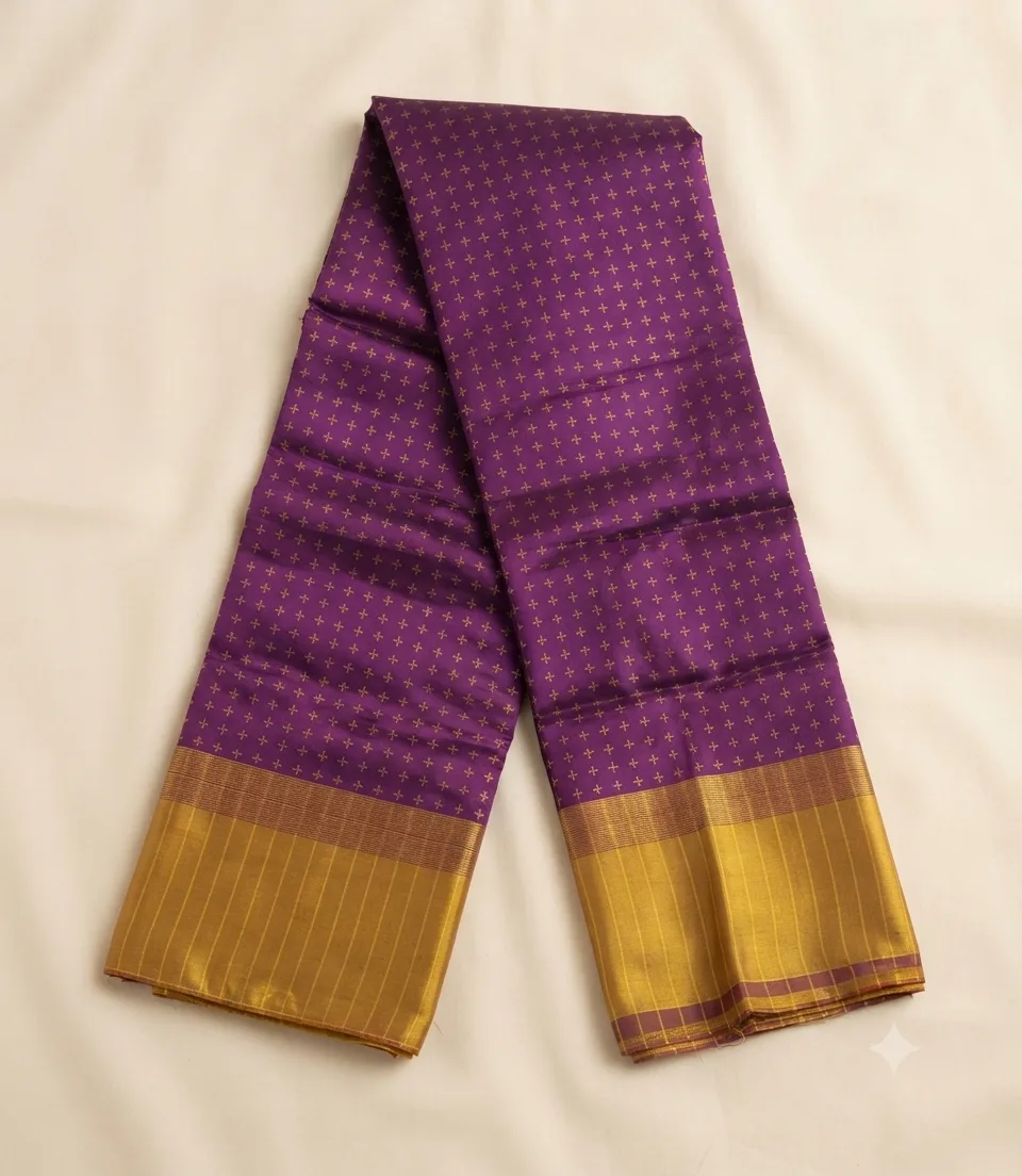 2386 Arani Soft Silk Purple Saree with Gold Butta Motifs and Contrast Mustard Yellow Border