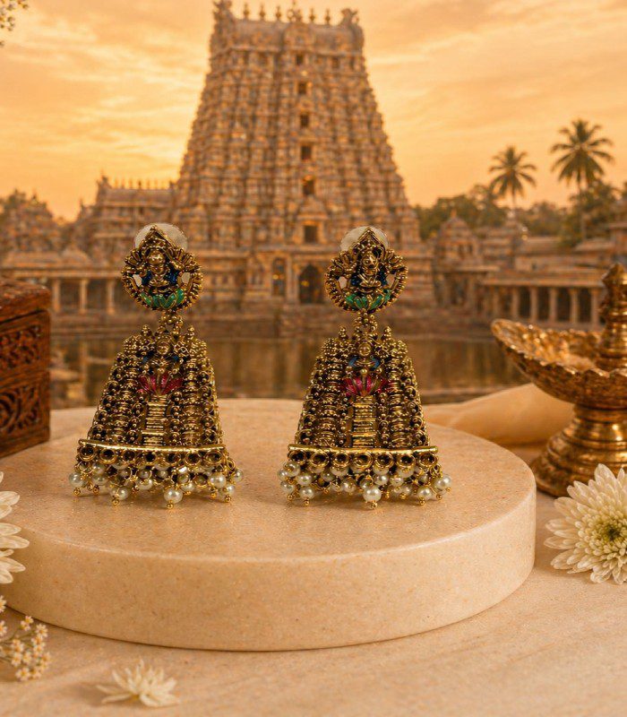 5622 Antique Gold-Plated Lakshmi Gopuram Jhumka Earrings with Pearl Fringes / Antique Lakshmi Temple Tower Gopuram Jhumkas