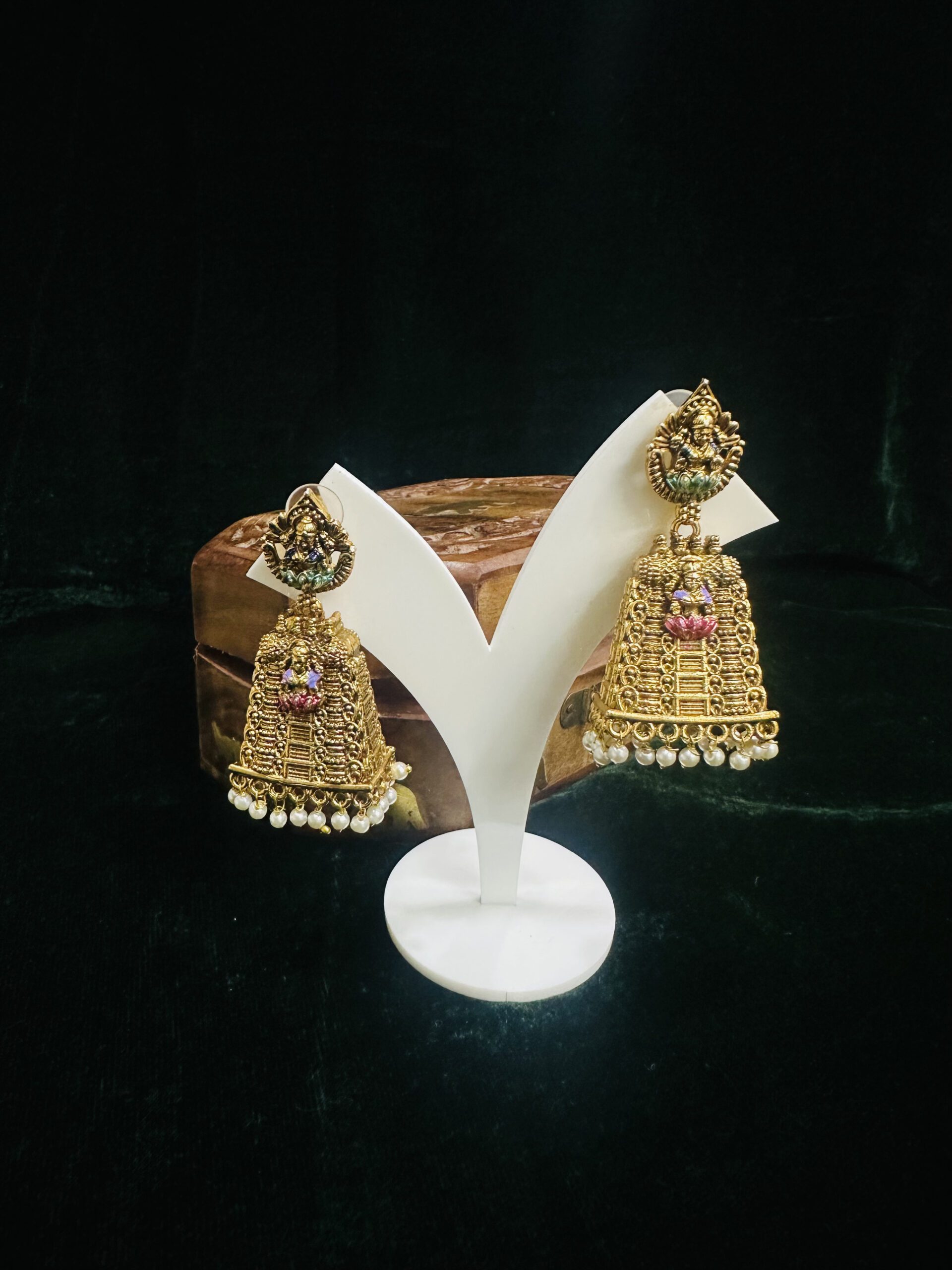 5622 Antique Gold-Plated Lakshmi Gopuram Jhumka Earrings with  Pearl Fringes / Antique Lakshmi Temple Tower Gopuram Jhumkas
