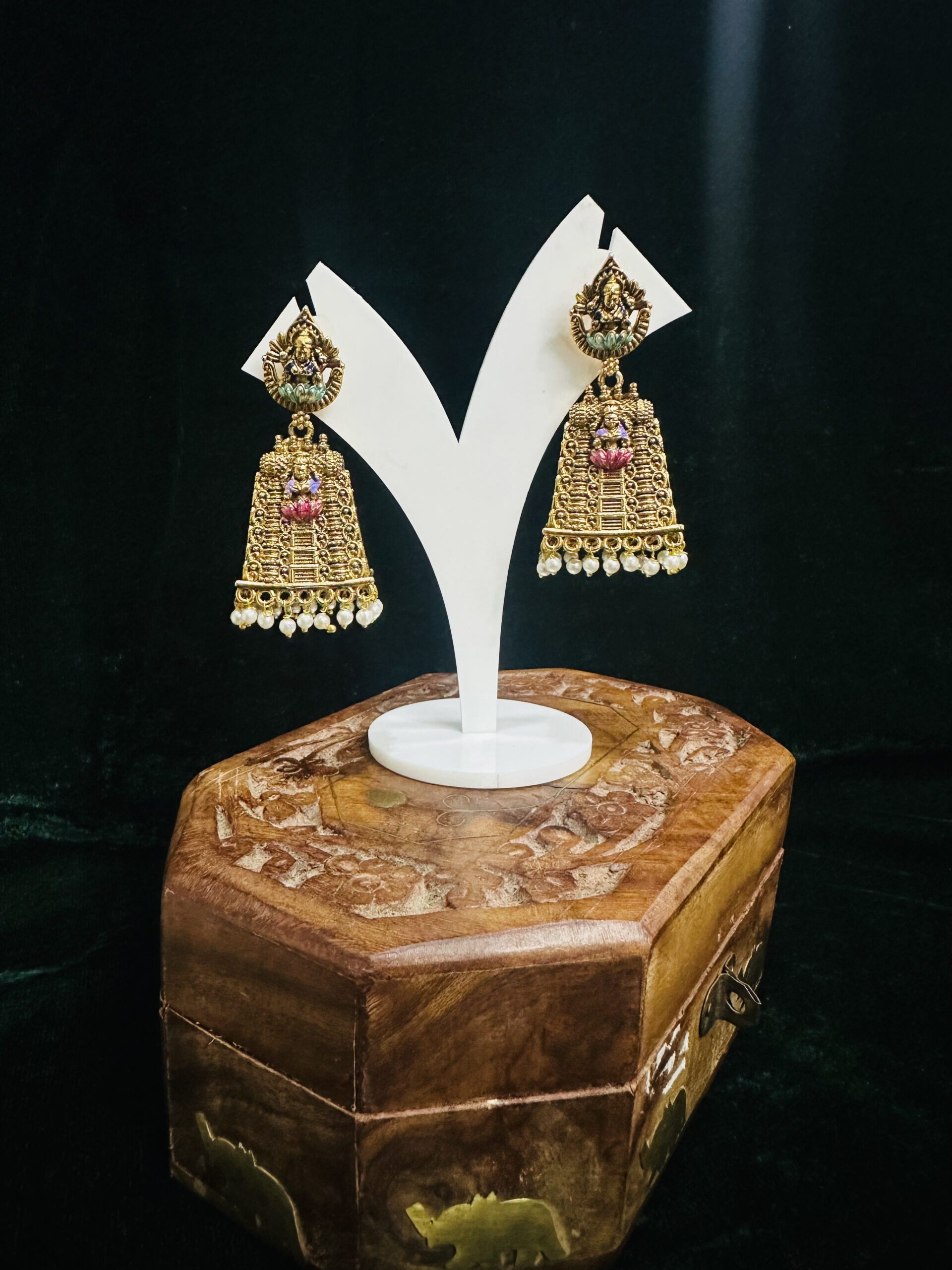 5622 Antique Gold-Plated Lakshmi Gopuram Jhumka Earrings with  Pearl Fringes / Antique Lakshmi Temple Tower Gopuram Jhumkas