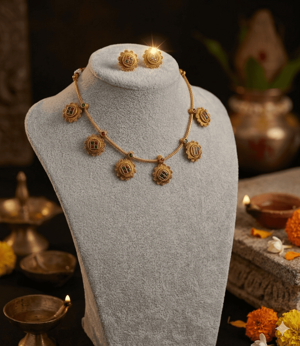 5617 Antique Gold-Plated Multi-Chakra Choker Necklace Set with Ruby & Emerald Geometric Kemp Stones / Vintage Matte Gold Circular Motif Choker & Matching Floral Studs Set