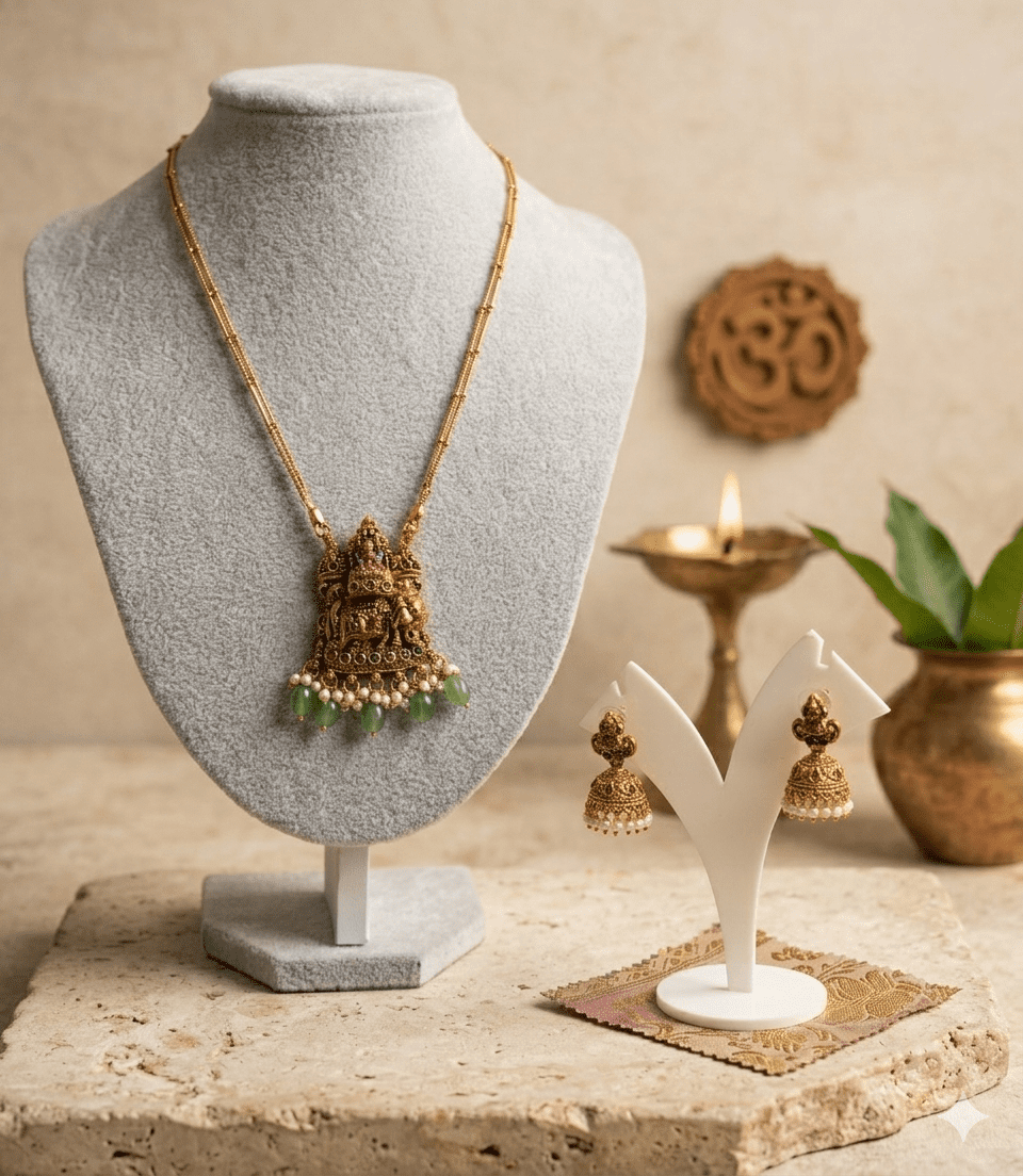 5620 Antique Gold-Plated Goddess Lakshmi Temple Necklace Set with Elephant Motifs & Green Jade Drop Beads / Antique Lakshmi Nakshi Temple Pendant Necklace & Jhumkas