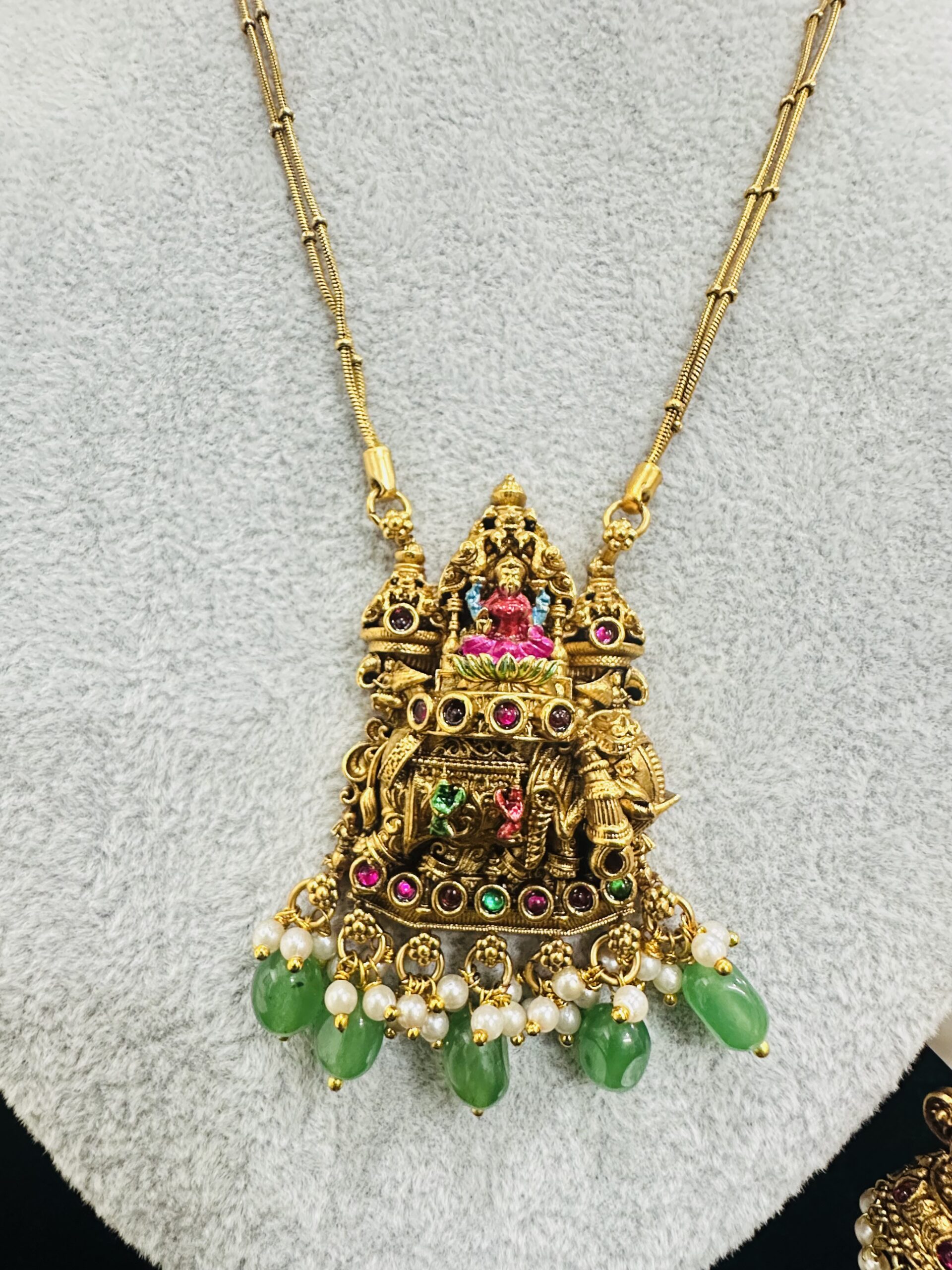 5620 Antique Gold-Plated Goddess Lakshmi Temple Necklace Set with Elephant Motifs & Green Jade Drop Beads / Antique Lakshmi Nakshi Temple Pendant Necklace & Jhumkas