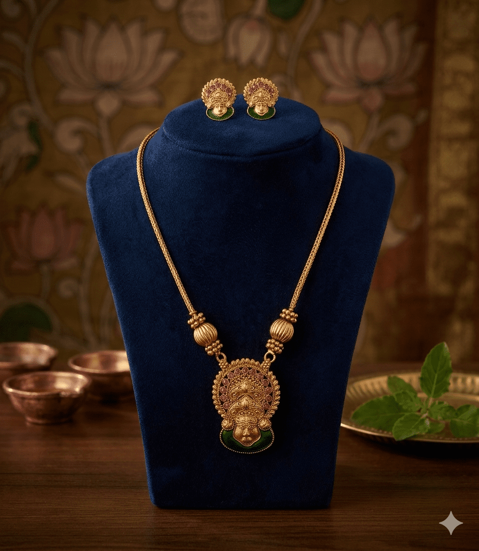 5604 Traditional Gold-Plated Small Kathakali Face Temple Necklace Set with Ruby Pink & Green Enamel Work