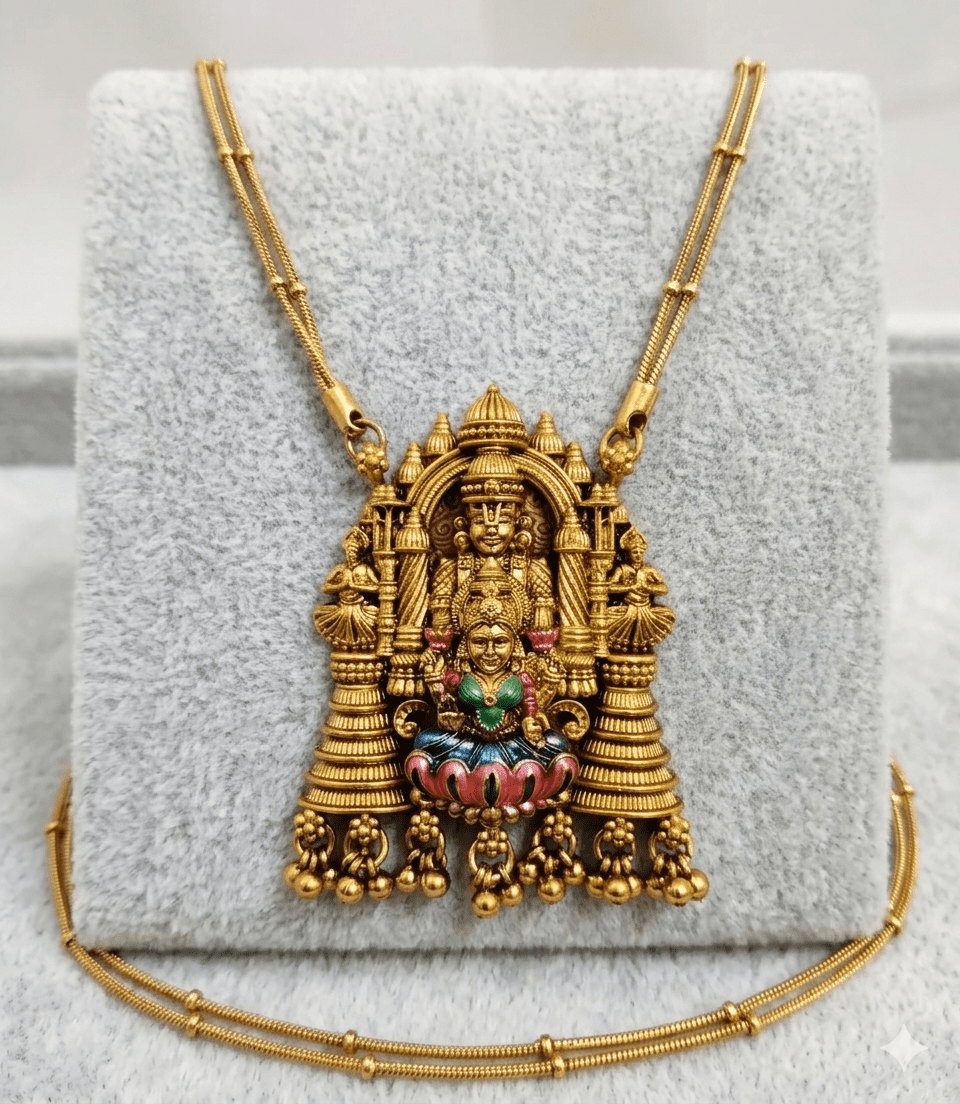 5619 Vishnu Lakshmi Enamel Painted Long Necklace / Divine Lord Venkateswara & Lakshmi Antique Matte Temple Haram Set