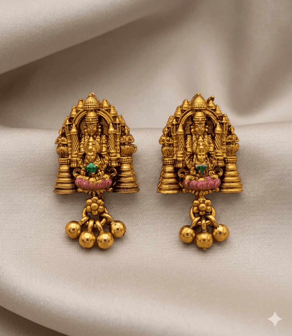 5619 Vishnu Lakshmi Enamel Painted Long Necklace / Divine Lord Venkateswara & Lakshmi Antique Matte Temple Haram Set