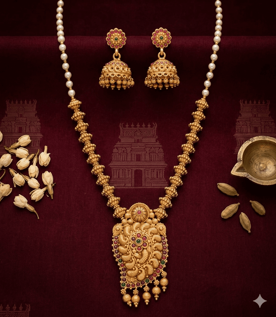 5621 Mango Design Necklace with Pearl Beeds and Jhumka / Traditional South Indian Pearl String Bridal Haram with Jhumkas