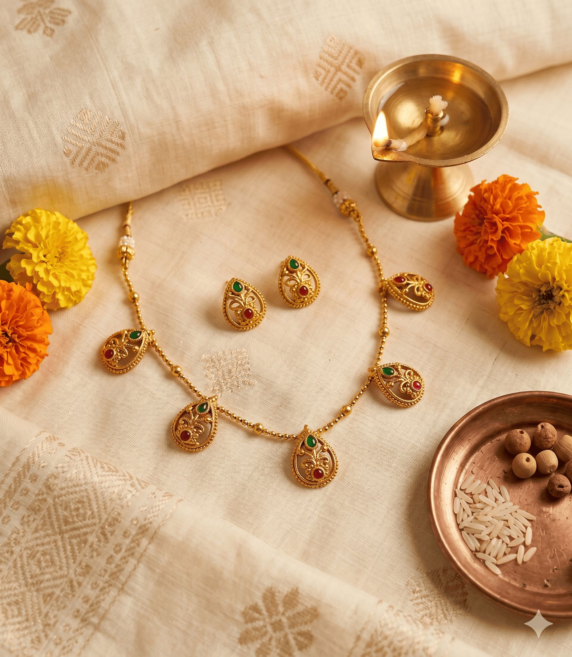 5618 Antique Matte Gold Mango Leaf Festoon Necklace / Traditional South Indian Ruby Green Teardrop Filigree Necklace Set