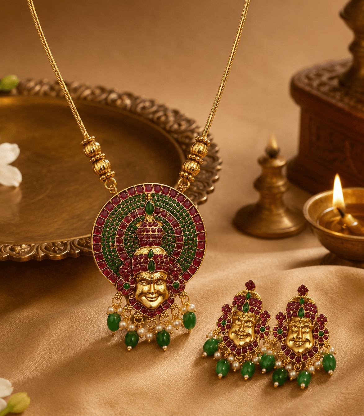 5611 Kadhakali Face Long Haram / Kerala Kathakali Temple Long Haram Set with Earrings