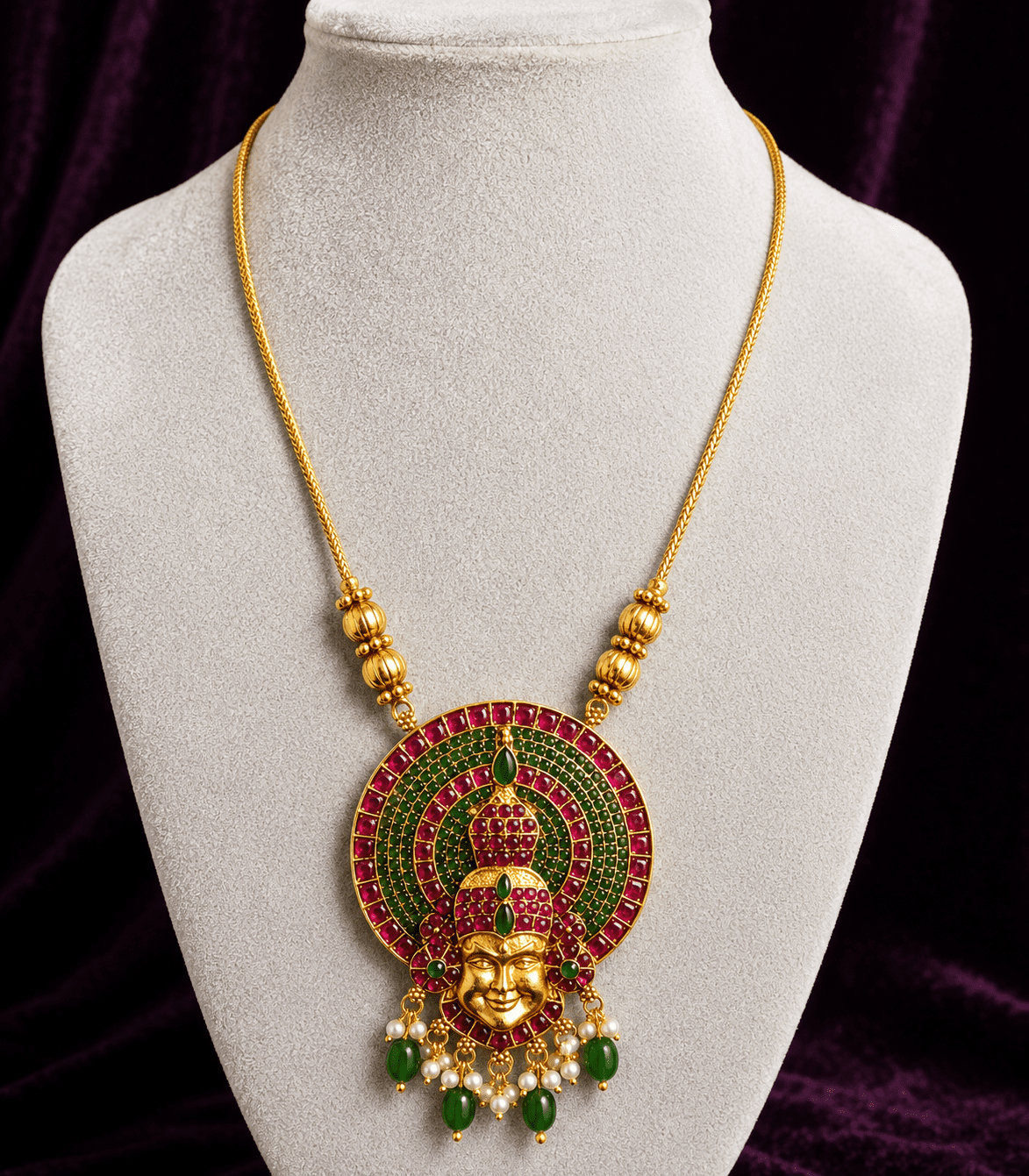 5611-Kadhakali-face-long-necklace-with-green-maroon-stone
