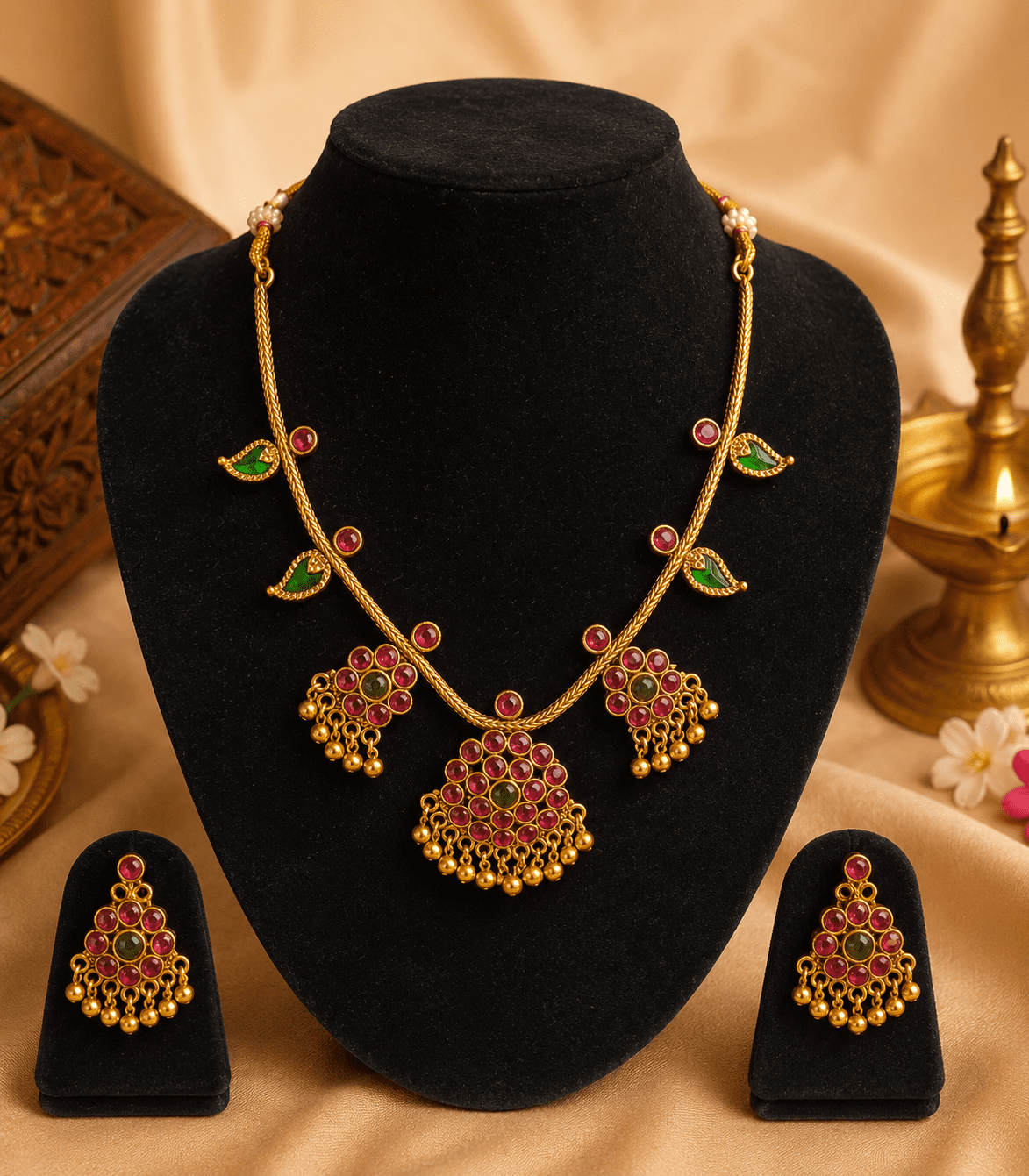 5614 Kerala Traditional Chutti Chocker with Ruby Stone / South Indian Traditional Kemp Stone Temple Necklace Set