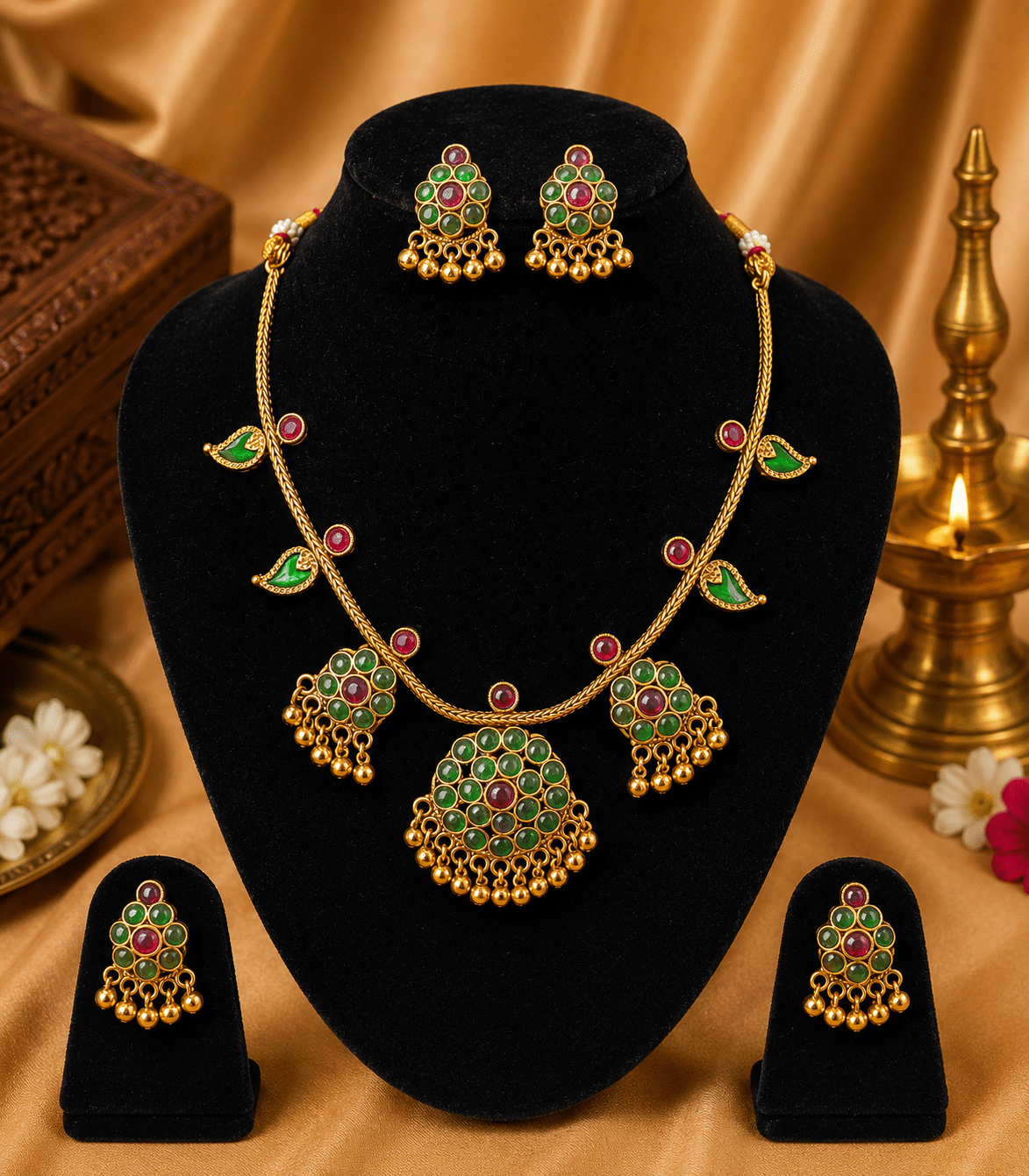 5613 - Kerala Traditional Chutti Chocker with Green Stone / Premium Antique Kemp Stone Mango Necklace Set