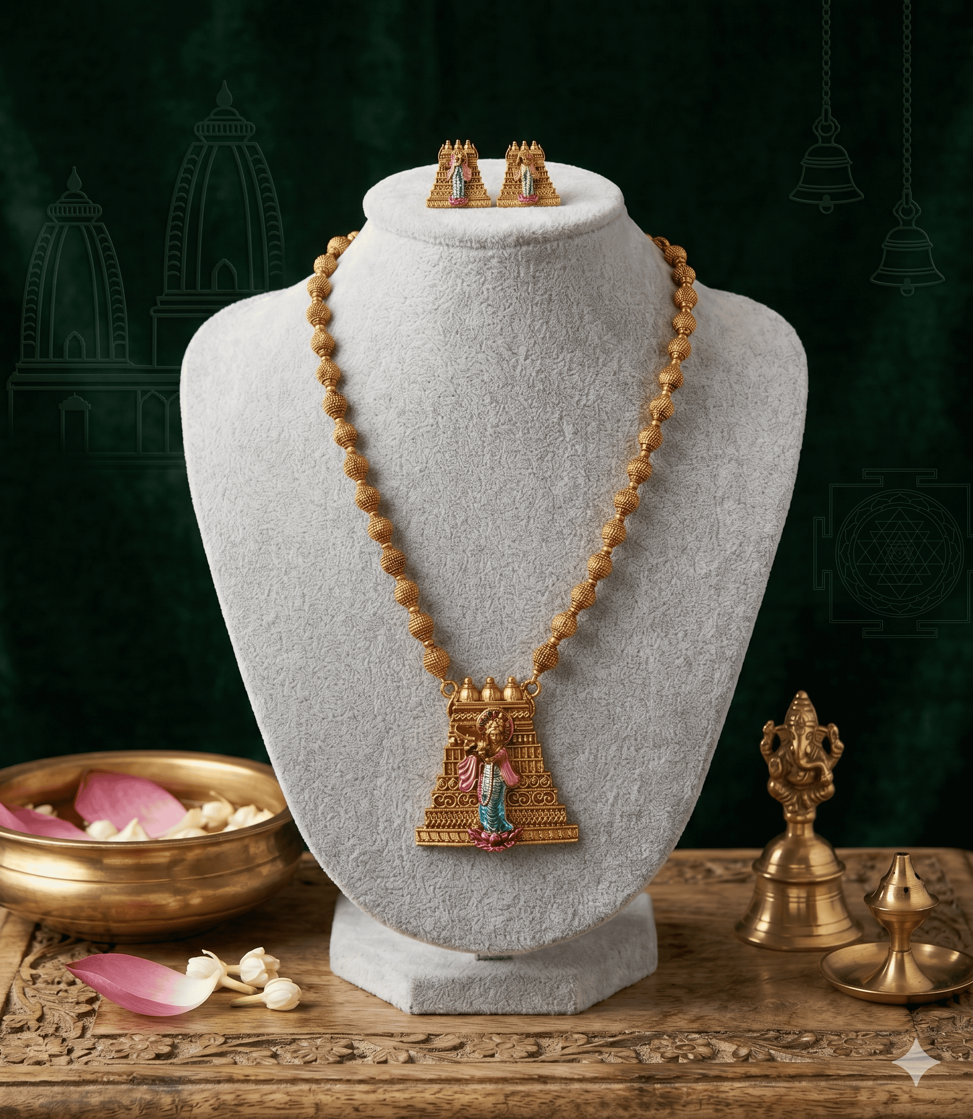 5601 Antique Matte Gold Krishna Temple Jewellery Set with Gopuram Earrings / Divine Lord Krishna Gopuram Temple Necklace Set