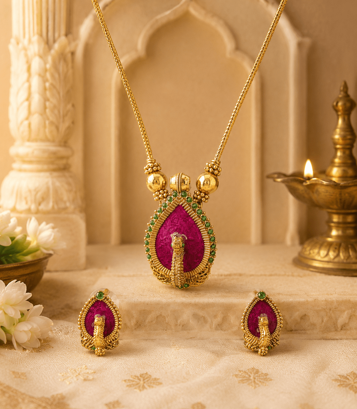 5608 - Antique Ruby Peacock Temple palakka Jewellery Necklace Set / The Royal Fuchsia Mayil Heritage Enamel Necklace Set
