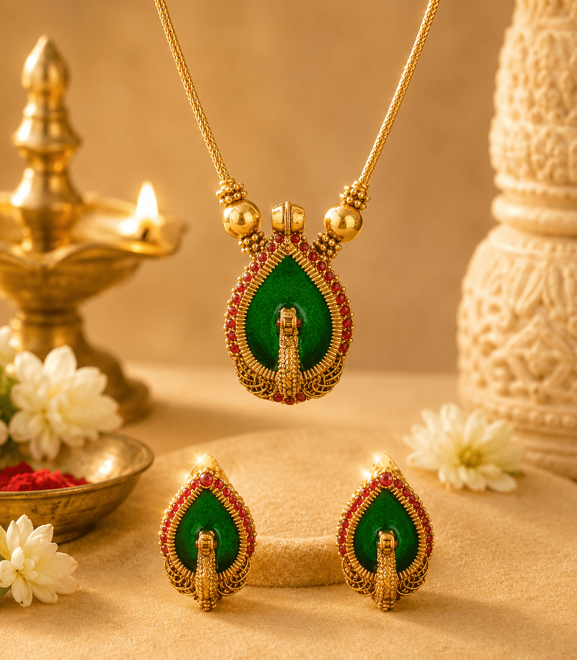 5607 - Antique Matte Gold Plated Emerald Green Peacock Pendant Temple Jewelry Set /The Emerald Mayil Heritage Necklace Set