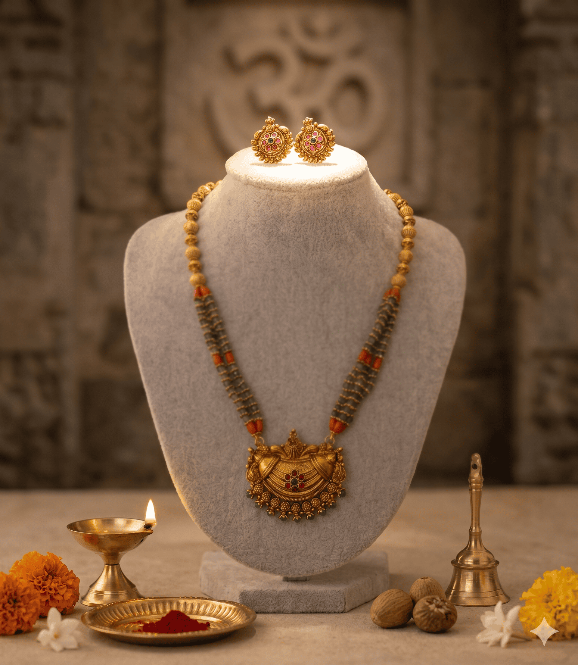 5612 Antique Gold Plated Emerald Bead Layered Haram Set