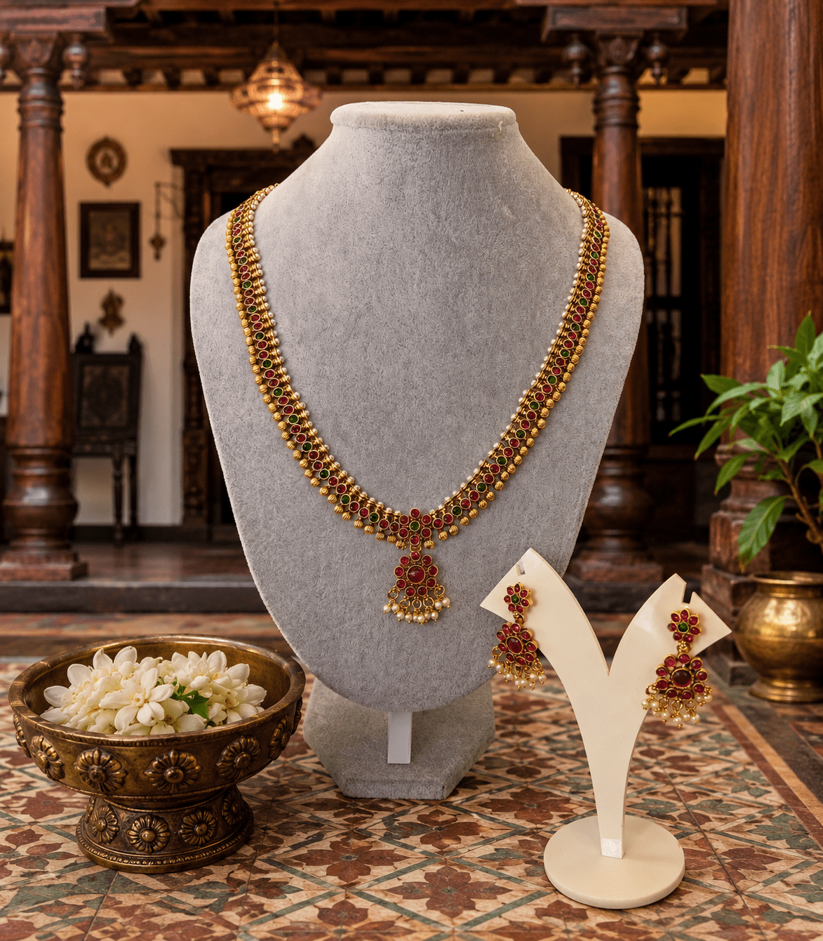 6601 - Traditional Matte Gold Kempu Stone Long Necklace Set with Pearls / Classic Floral Kemp Stone Haram with Seed Pearl Cluster Pendant