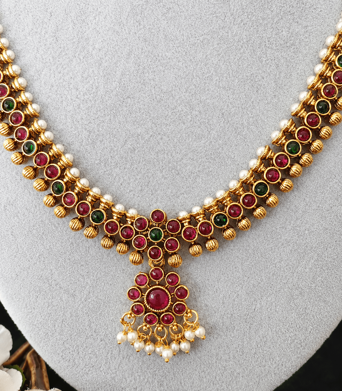 Traditional Attigai Stone Necklace Set Green, Ruby and Pearl