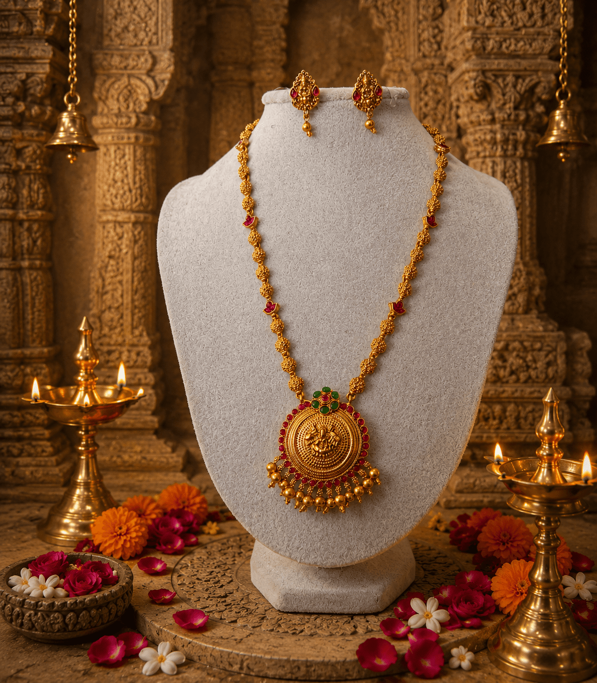 6604 - Traditional Antique Gold Plated Goddess Lakshmi Kemp Stone Long Necklace Set / Classic Lakshmi Antique Gold Beads Haram with Circular Kemp Pendant