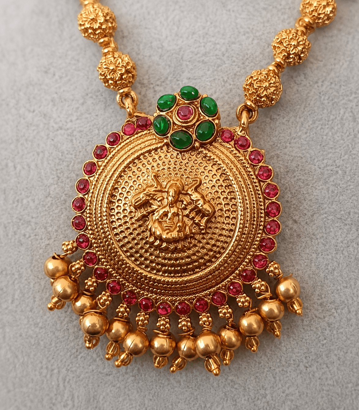 6604Long Temple Round Pendant with Ruby-Green Stone Work