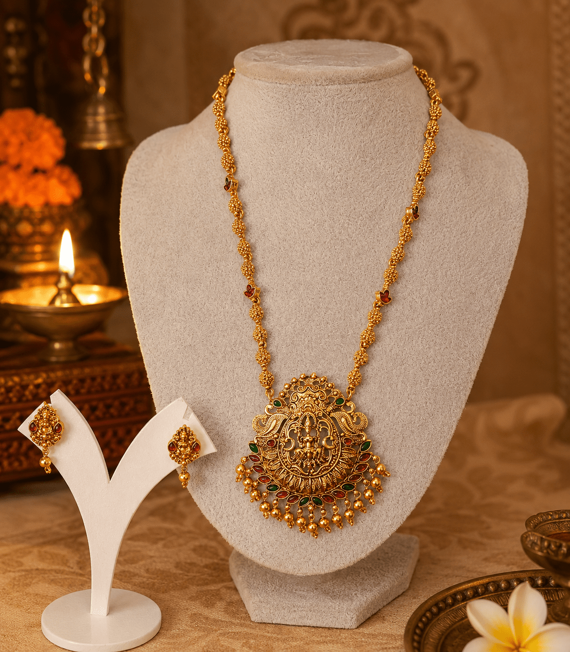 6626 - Divine Lakshmi Antique Matte Gold Temple Jewelry Set / Royal Heritage Nagas Work Goddess Lakshmi Temple Haram Set