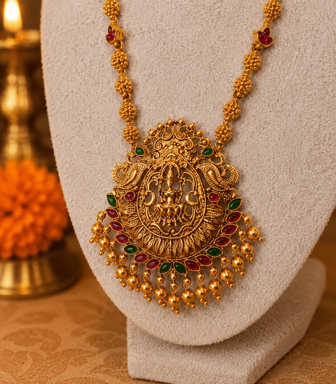 6603 Long Temple Ball design chain with Lakshmi devi pendant