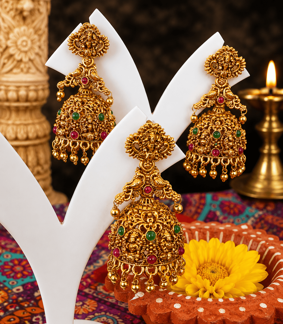 6622 - Heavy Traditional South Indian Antique Gold Plated Lakshmi Peacock Temple Jhumka Earrings with Ruby Emerald / 3D Heirloom Lakshmi & Peacock Temple Jhumkas – Antique Matte Gold