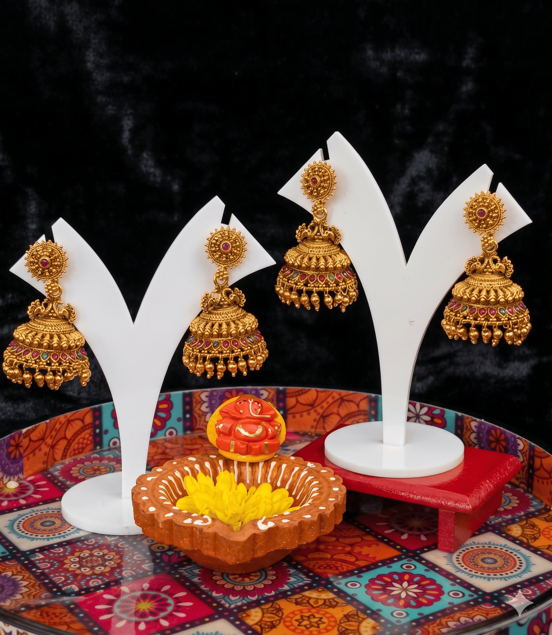 6623 - Traditional South Indian Matte Gold Sunburst Floral Temple Jhumka Earrings with Kemp Stones